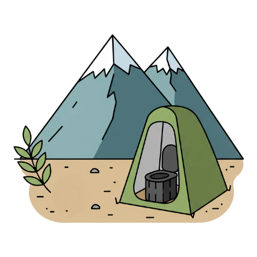 Wildloo portable camping toilet adventure ready icon with tent and mountains illustration