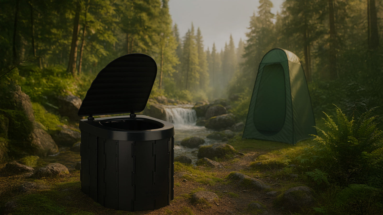 Wildloo black portable camping toilet with open lid and green pop-up tent in a lush forest near a scenic waterfall, ideal for eco-friendly camping gear and outdoor adventure