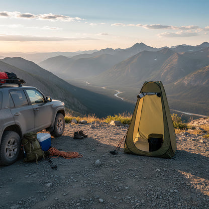 Wildloo portable toilet privacy tent at scenic mountain overlook camping spot with car