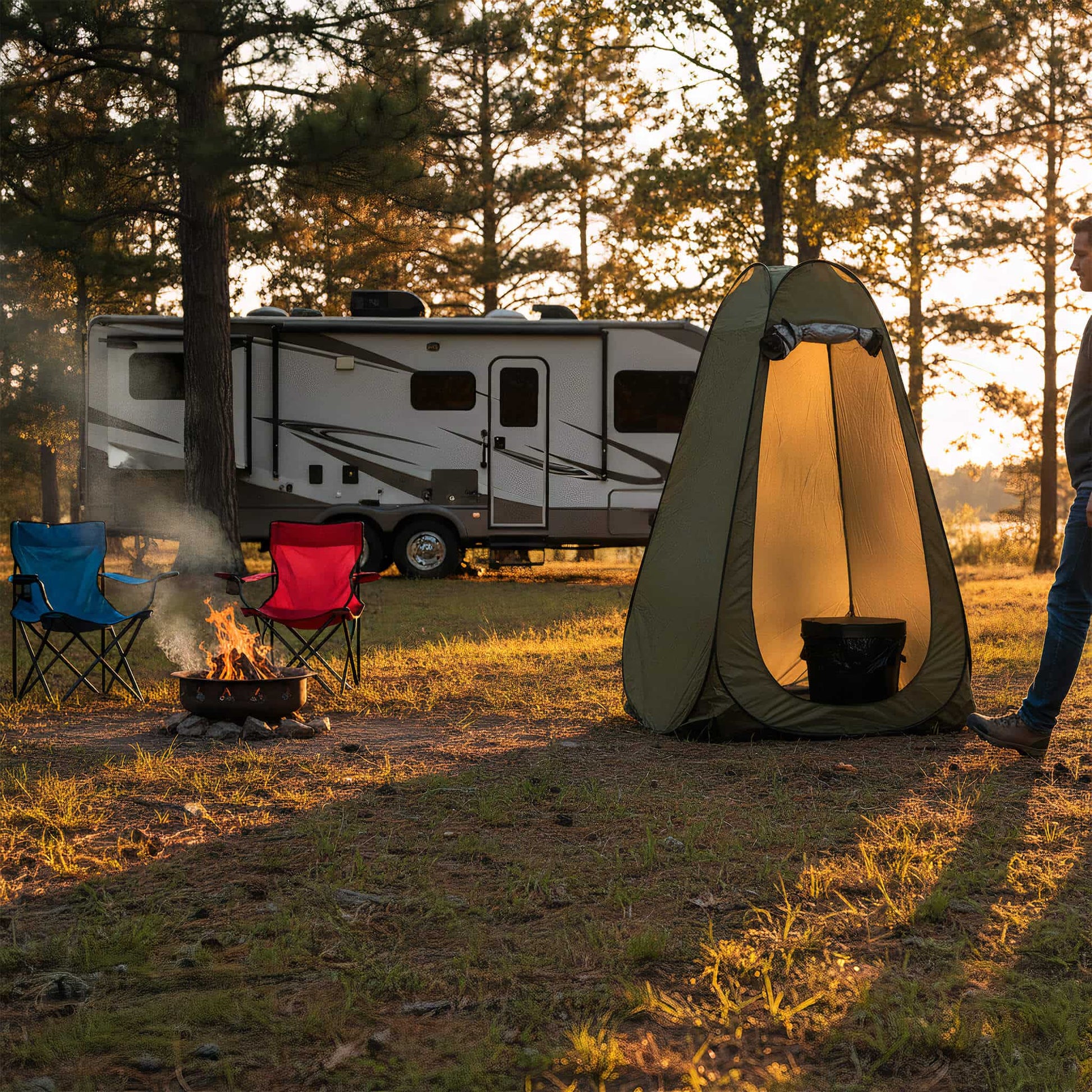 Wildloo portable toilet privacy tent at RV campsite with fire pit during golden hour sunset