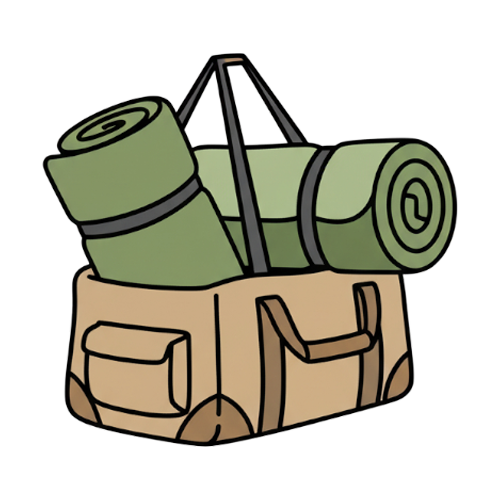 Wildloo portable camping toilet easy to carry icon with backpack and rolled camping gear