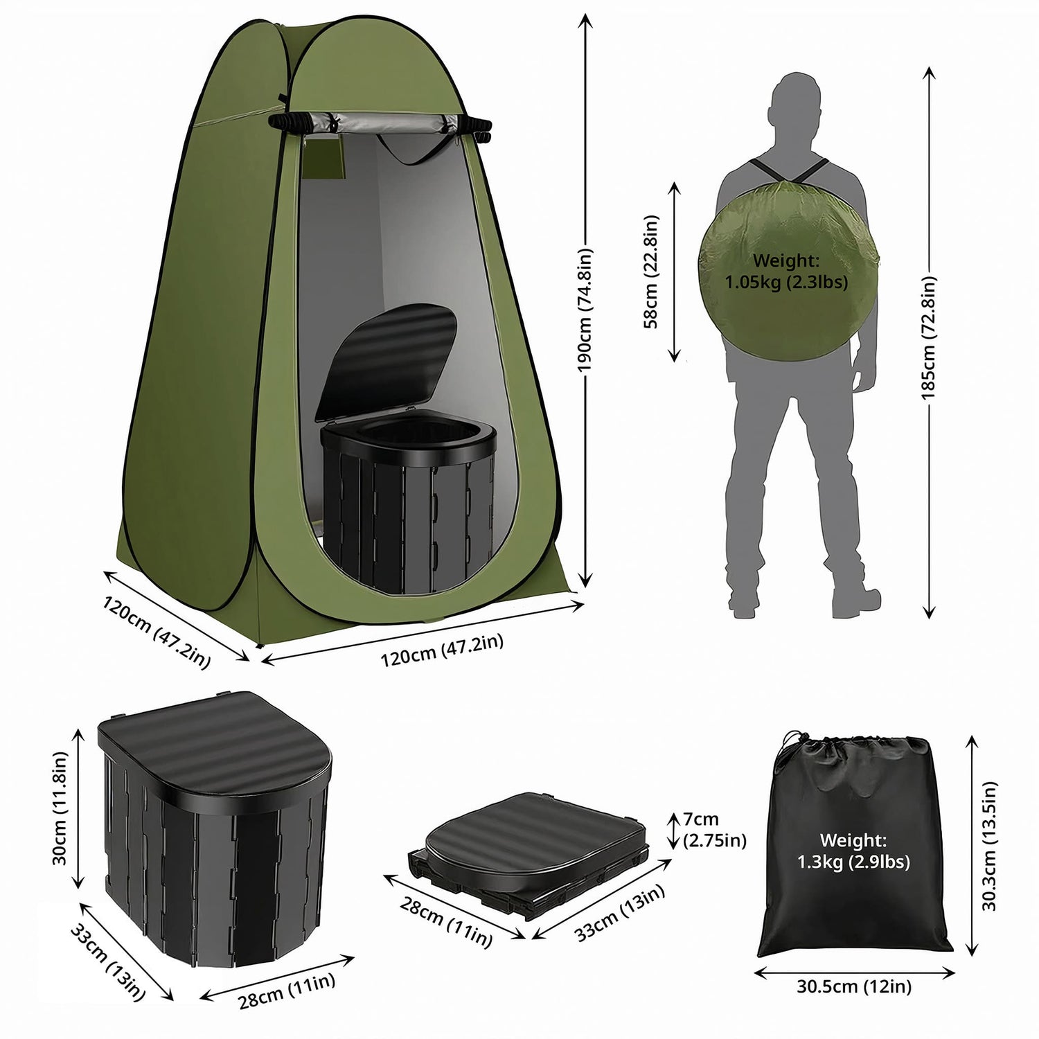 Wildloo portable camping toilet dimensions and weight specifications with size comparison chart