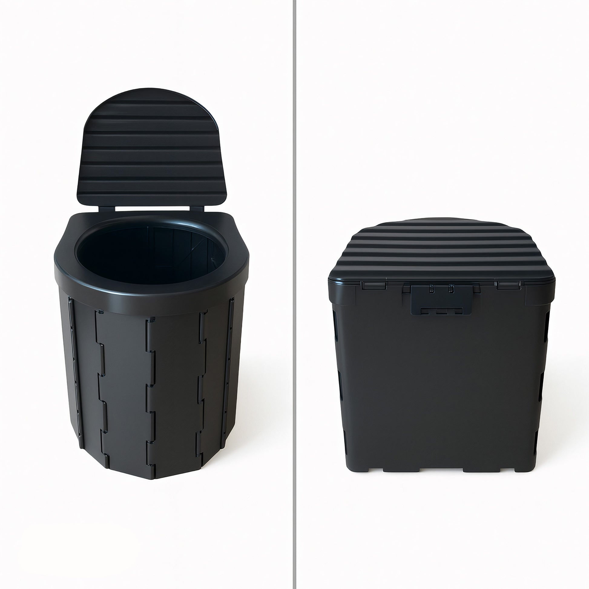 Wildloo foldable portable camping toilet open and closed view showing compact design