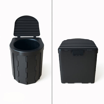 Wildloo foldable portable camping toilet open and closed view showing compact design