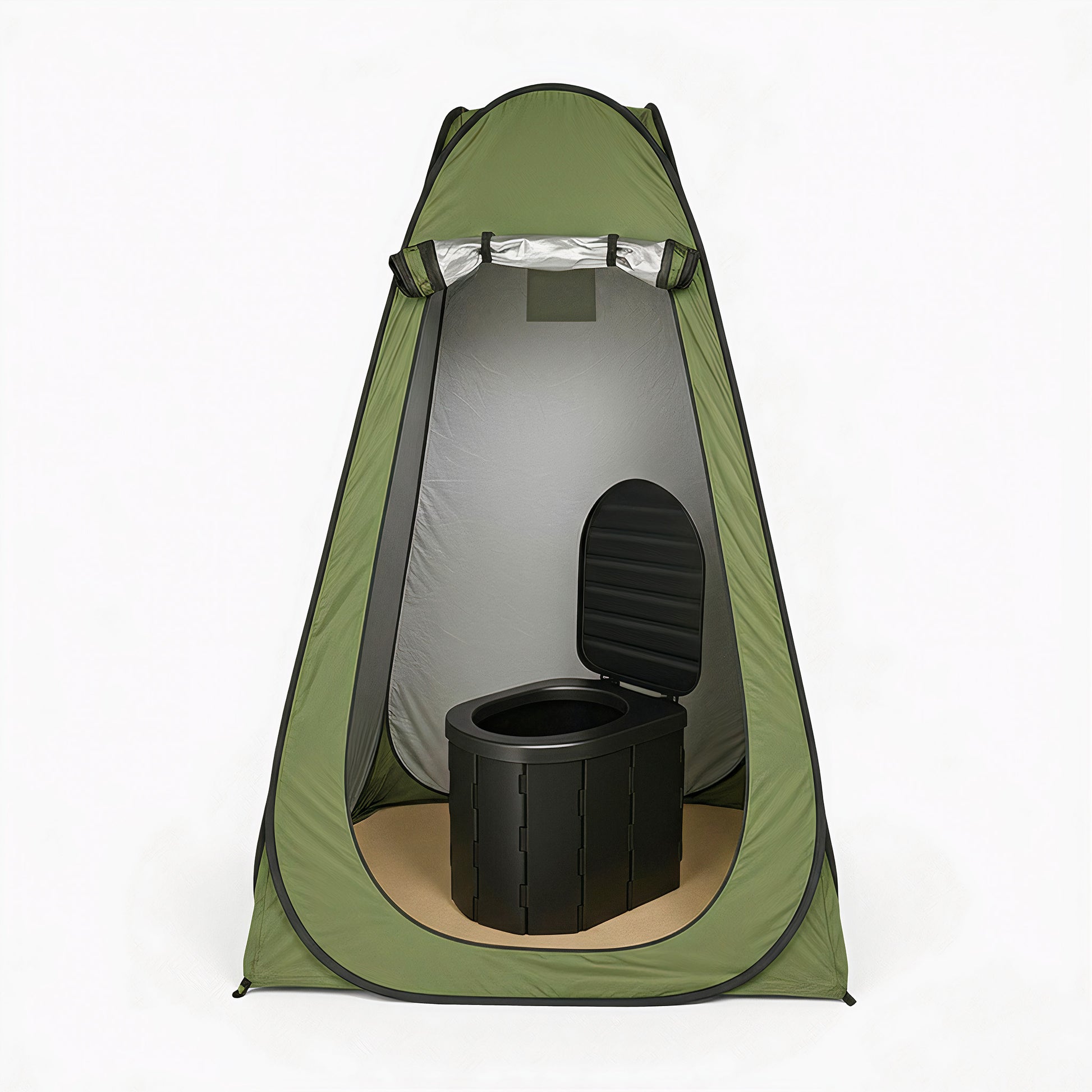 Wildloo portable camping toilet complete setup with privacy tent and foldable toilet interior view