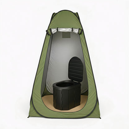 Wildloo portable camping toilet complete setup with privacy tent and foldable toilet interior view