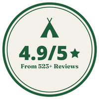 Wildloo portable camping toilet 4.9 star rating badge from 523+ verified customer reviews