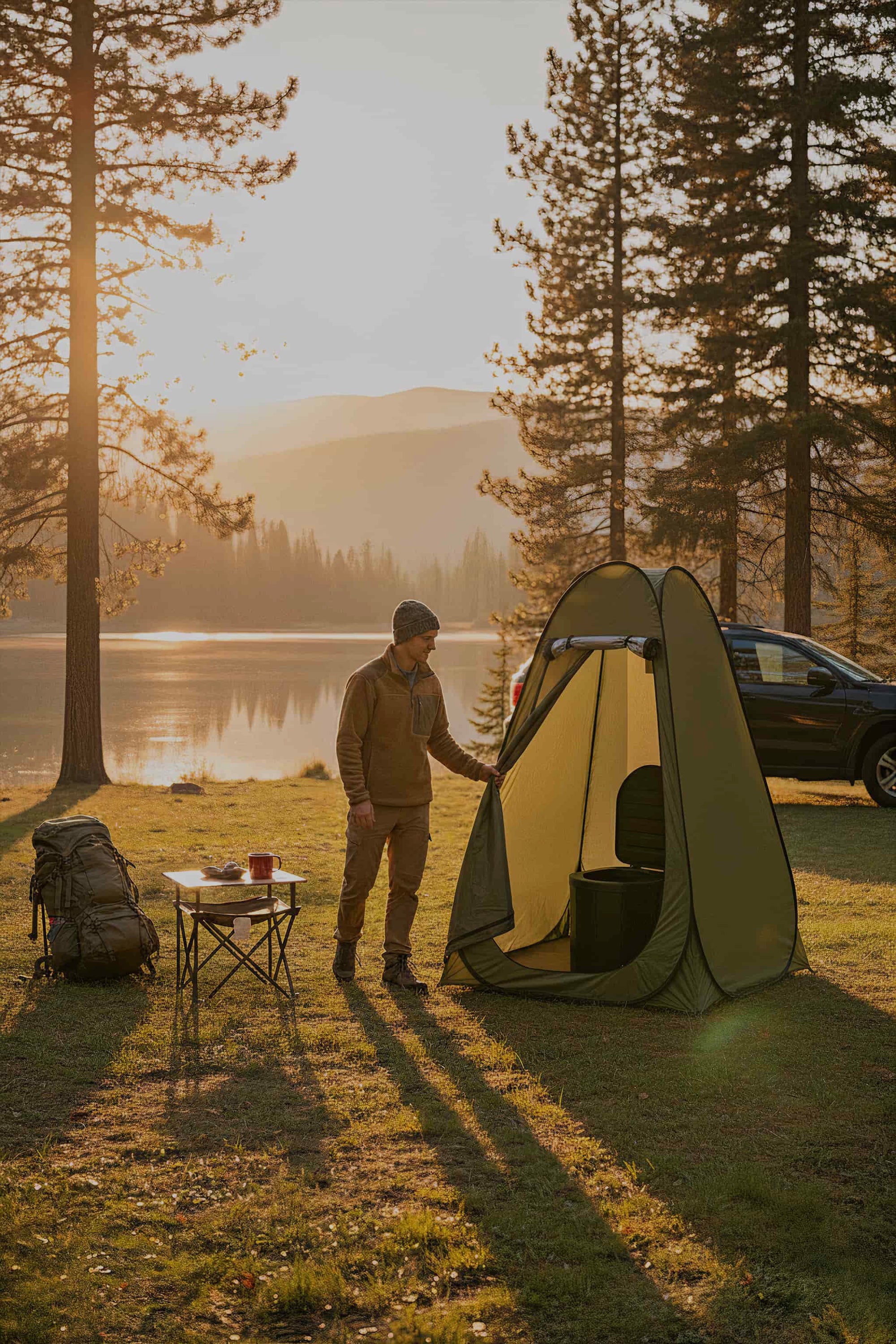 Wildloo portable camping toilet privacy tent setup at lakeside campsite with mountains and car