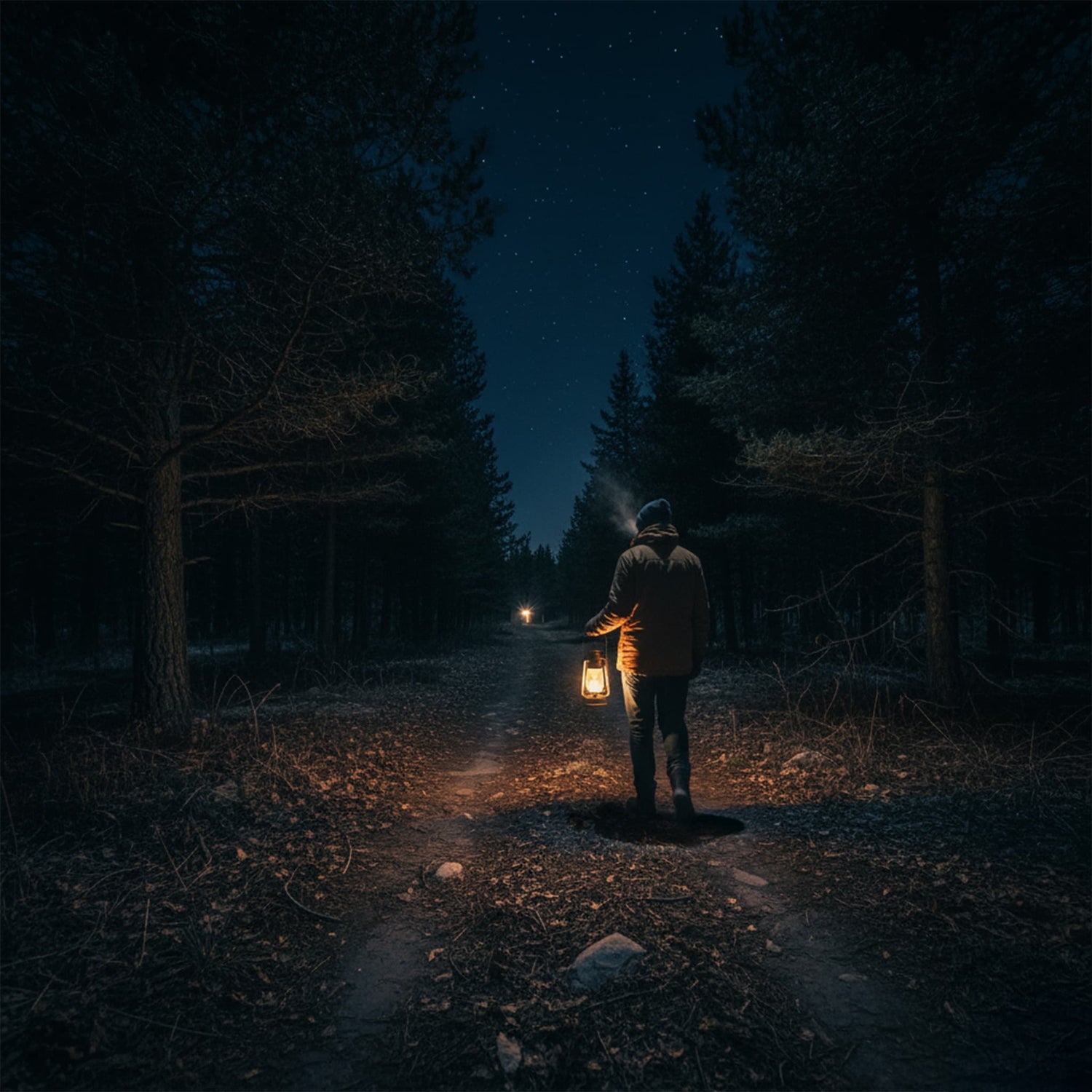 Night camping with Wildloo portable toilet - hiker with lantern on dark forest trail