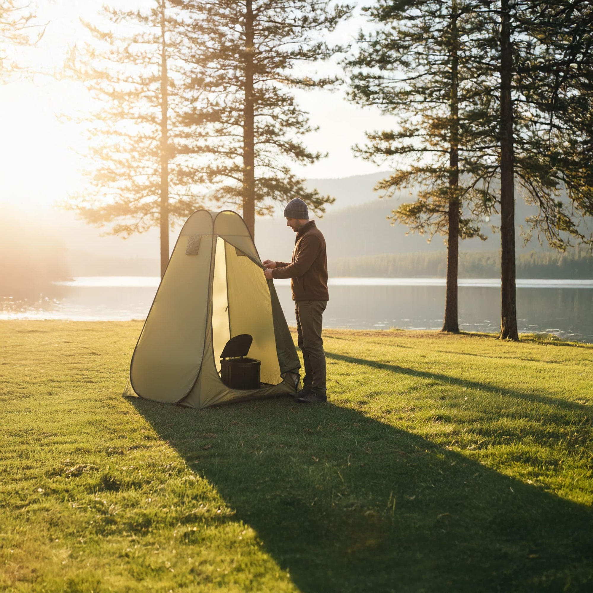 Person setting up Wildloo portable camping toilet with privacy tent by lakeside at sunset