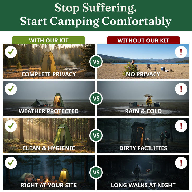 Wildloo portable toilet comparison chart - camping with vs without privacy tent bathroom